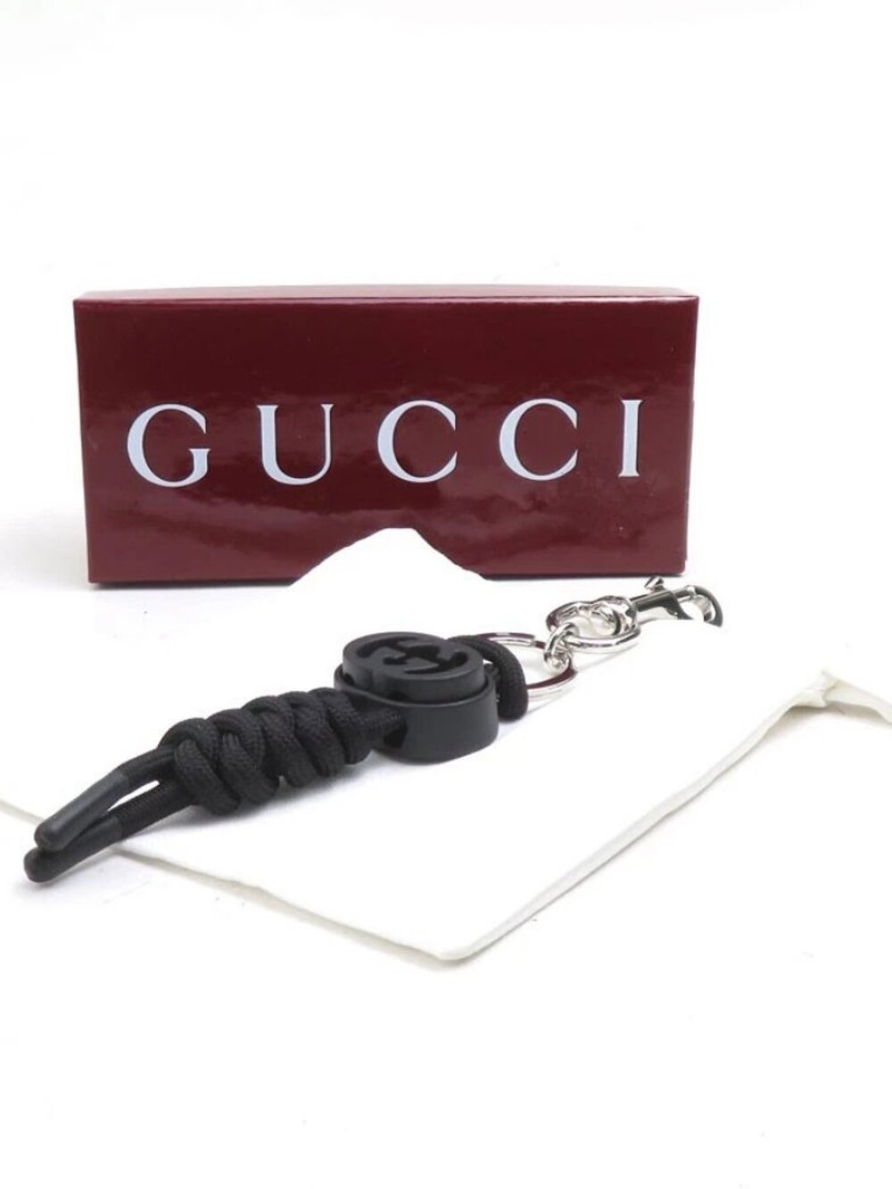 GUCCI Charm Key Ring Black/Silver Nylon/Metal